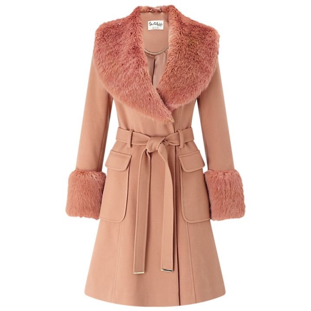 Miss Selfridge Belted Pink Waist Coat With Faux Fur Collar